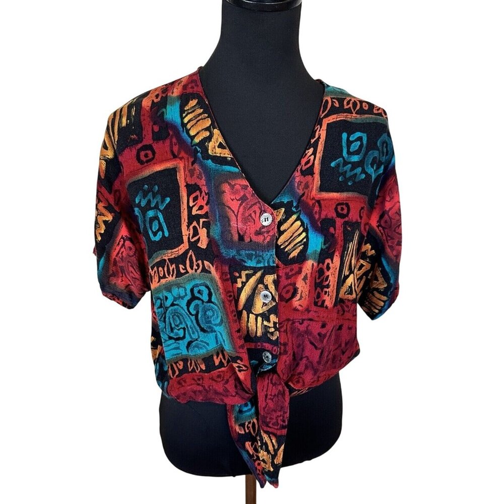 Vtg Womens Red Blouse Geometric Top 1990s Medium Short Sleeve Shirt V Neck